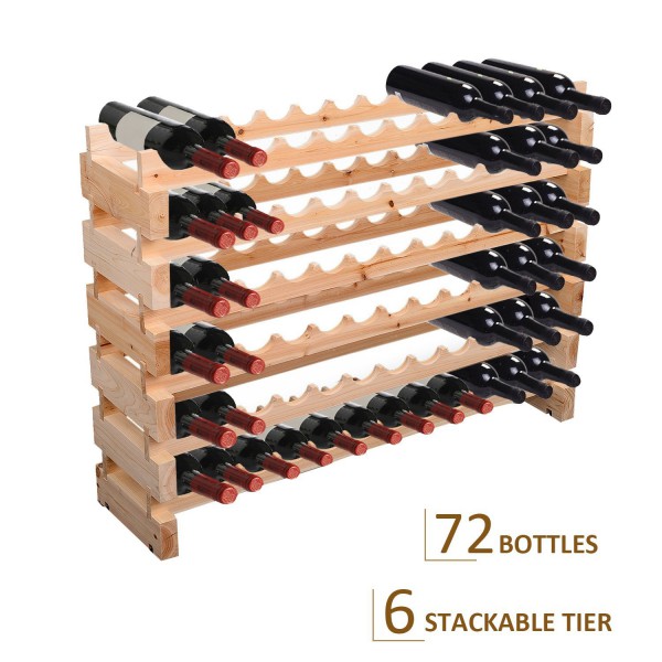 72 Bottles Wood Bottle Rack 6 Tier Shelves Storage
